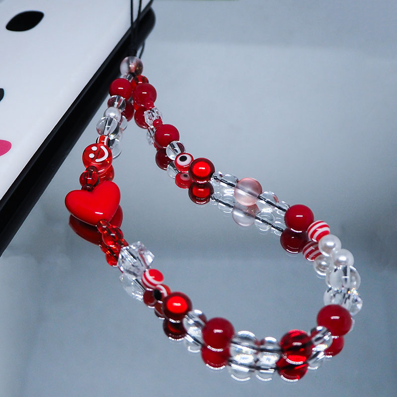 Pearl Trim Chain - ビーズとハートが付いたY2kブレスレット,クリアチェーン,携帯電話,ビーズ,かわいいアクリルブレスレット,パールジュエリー,カワイイキーホルダー