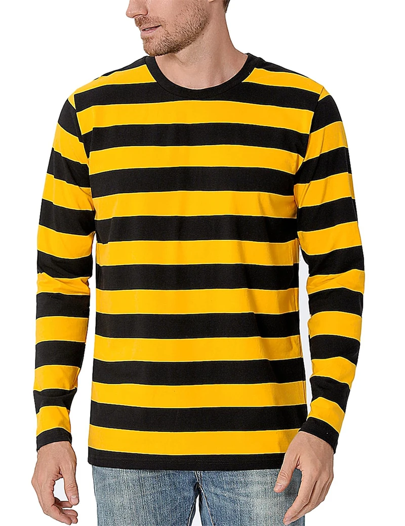 Embellish Knit - ファッション性の高いコントラストストライプの3Dプリントが施された、メンズ用長袖Tシャツ。カジュアルなデザインで、Oネック、オーバーサイズ。ポリエステル素材。