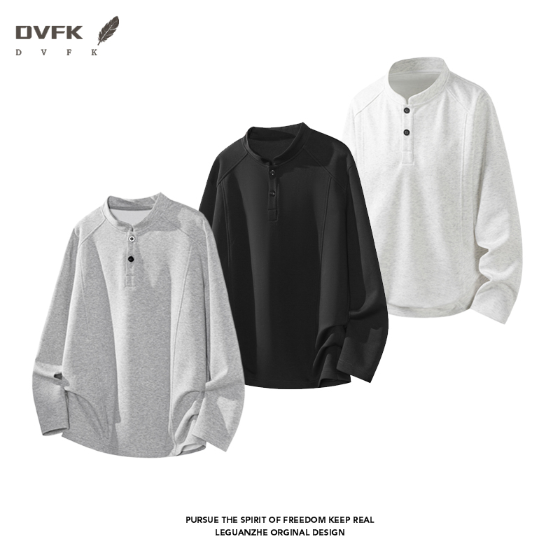 Embellish Knit - メンズ ラグランスリーブ ヘンリーネック 長袖シャツ ハーフボタン ルーズ